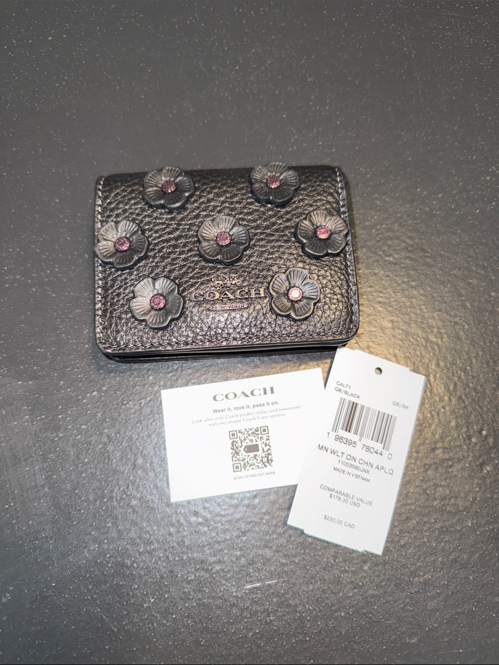Coach Black Pebbled Leather Floral Appliqué Compact Wallet with Pink Accents - Picture 3 of 12